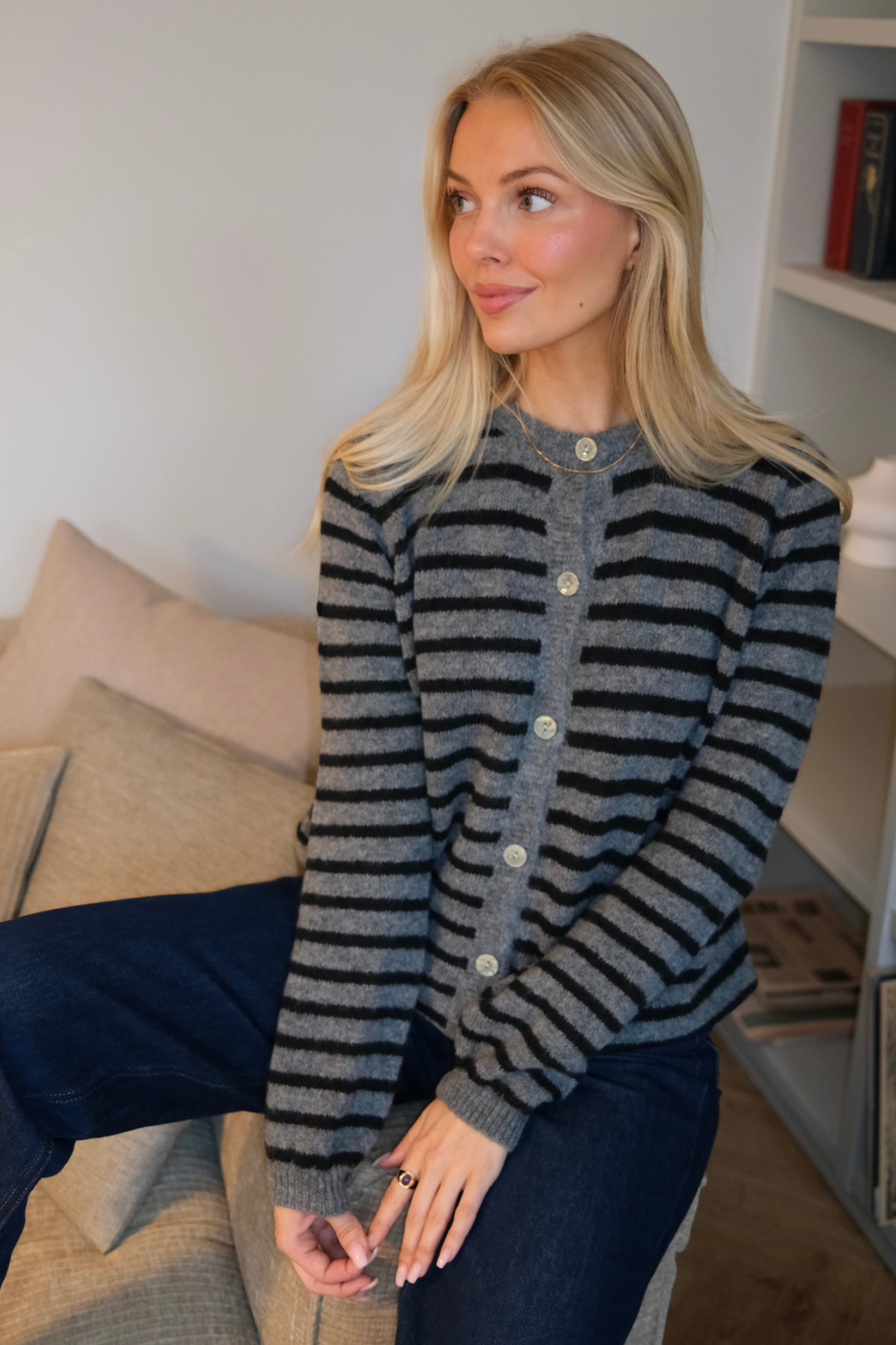 Crizette Striped Knit Cardigan - Grey/Black