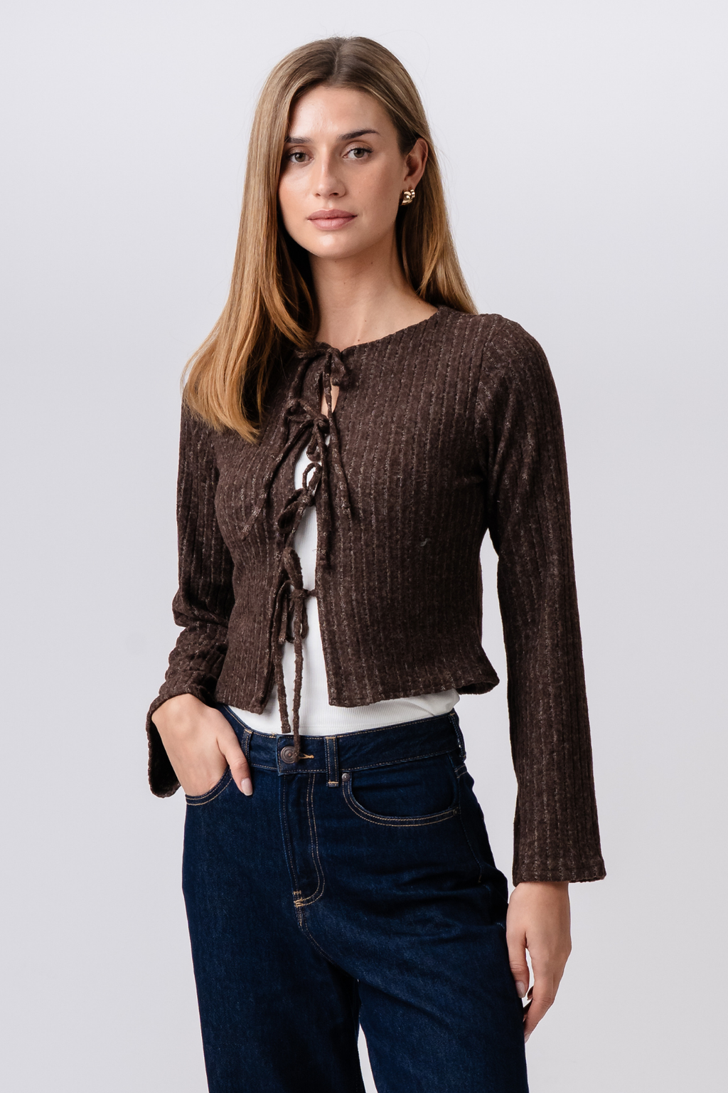 Ivy Tie Blouse Knit - Brown