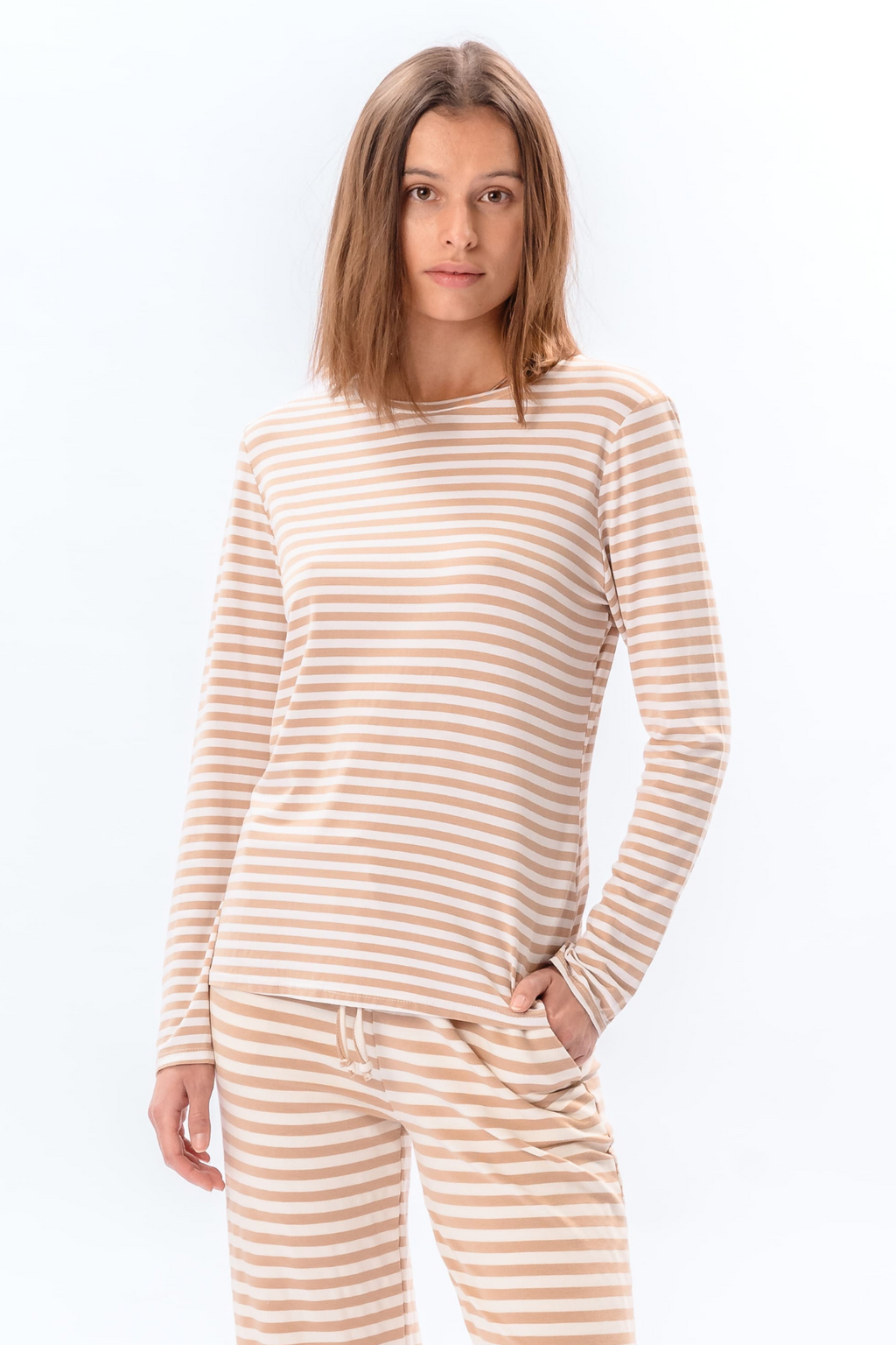 Stripped Long Sleeve Slim Fit - Beige