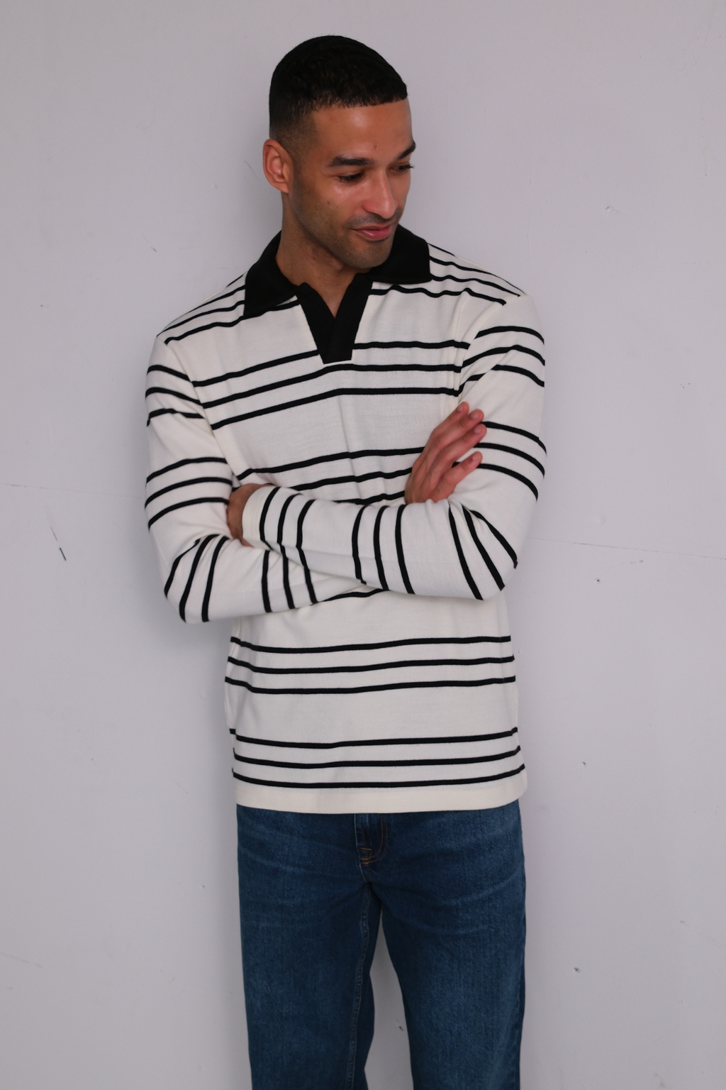 Striped Long-sleeved Polo - Black