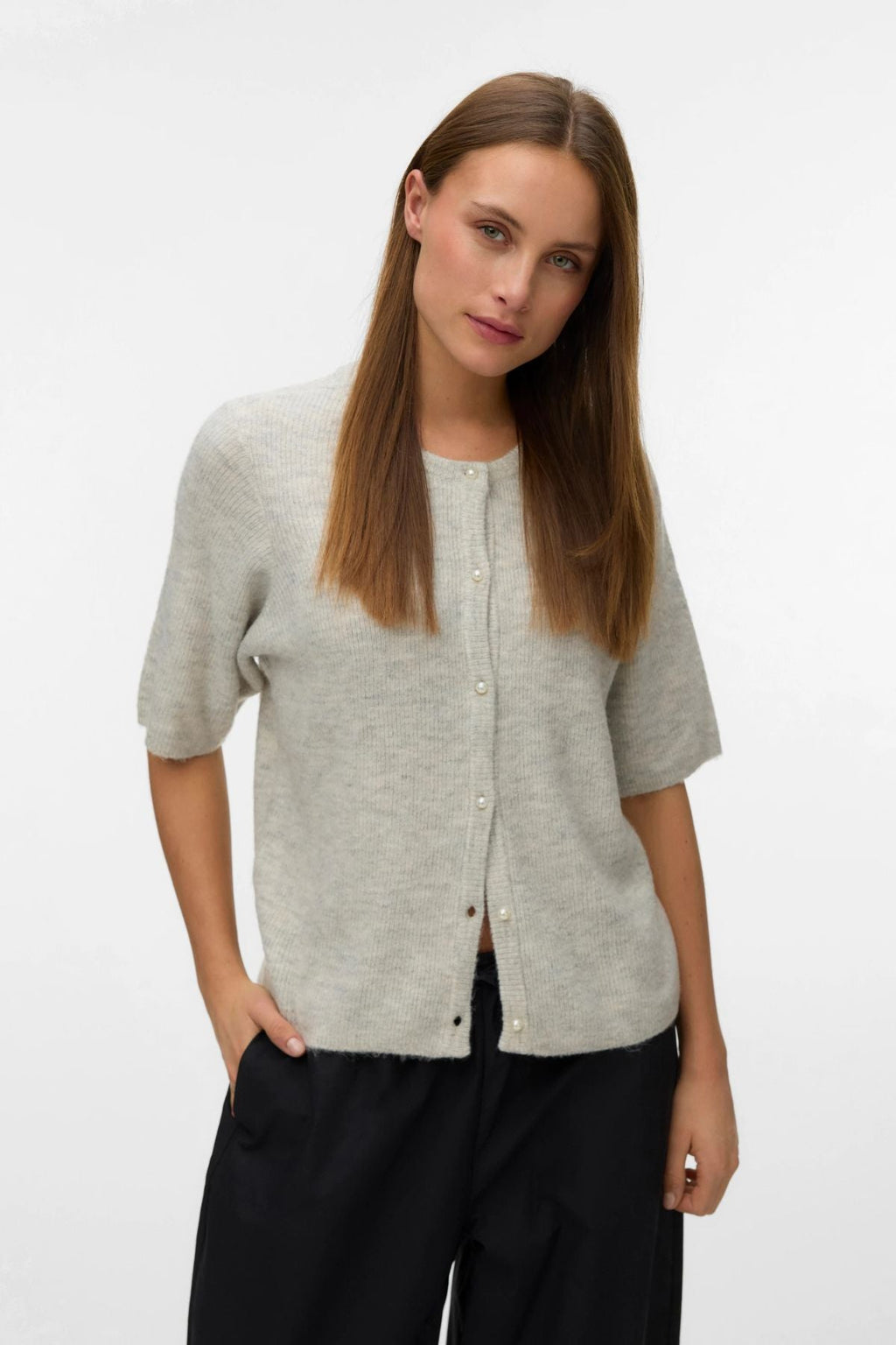 Lefile 2/4 O-Neck Pearl Cardigan - Light Grey Melange