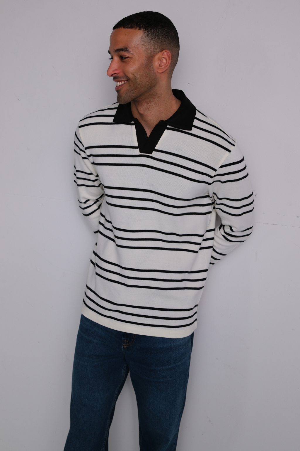 Striped Long-sleeved Polo - Black
