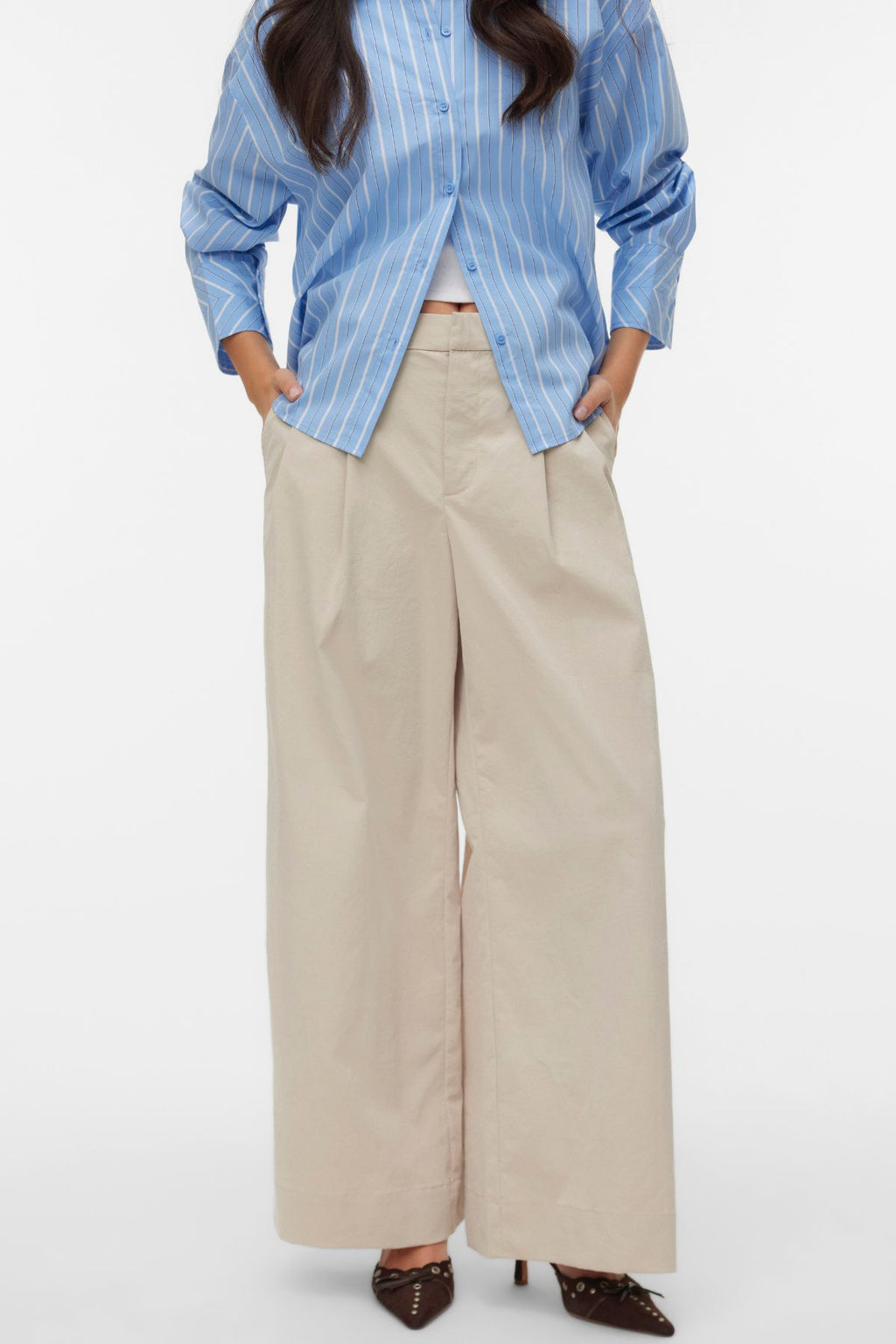 Meng MidWaist raukšlėtos plačios kelnės – cementas