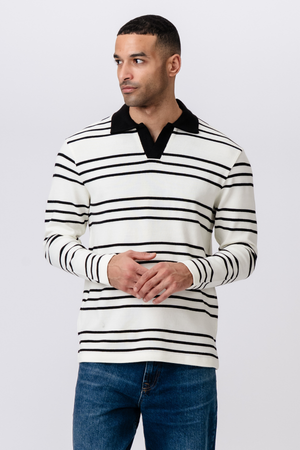 Striped Long-sleeved Polo - Ecru