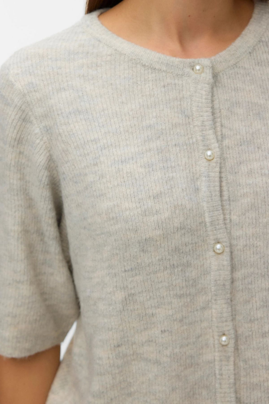 Lefile 2/4 O-Neck Pearl Cardigan - Light Grey Melange