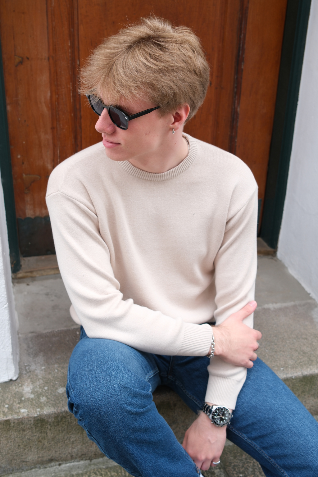 Crewneck Knit Sweater - Light Beige