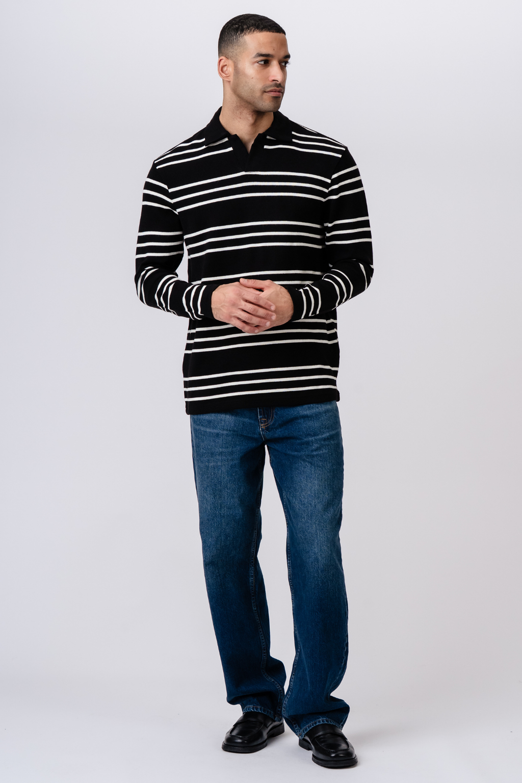 Striped Long-sleeved Polo - Black