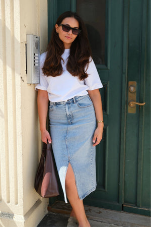 Natalie midi sijonas - šviesiai mėlynas džinsinis audinys