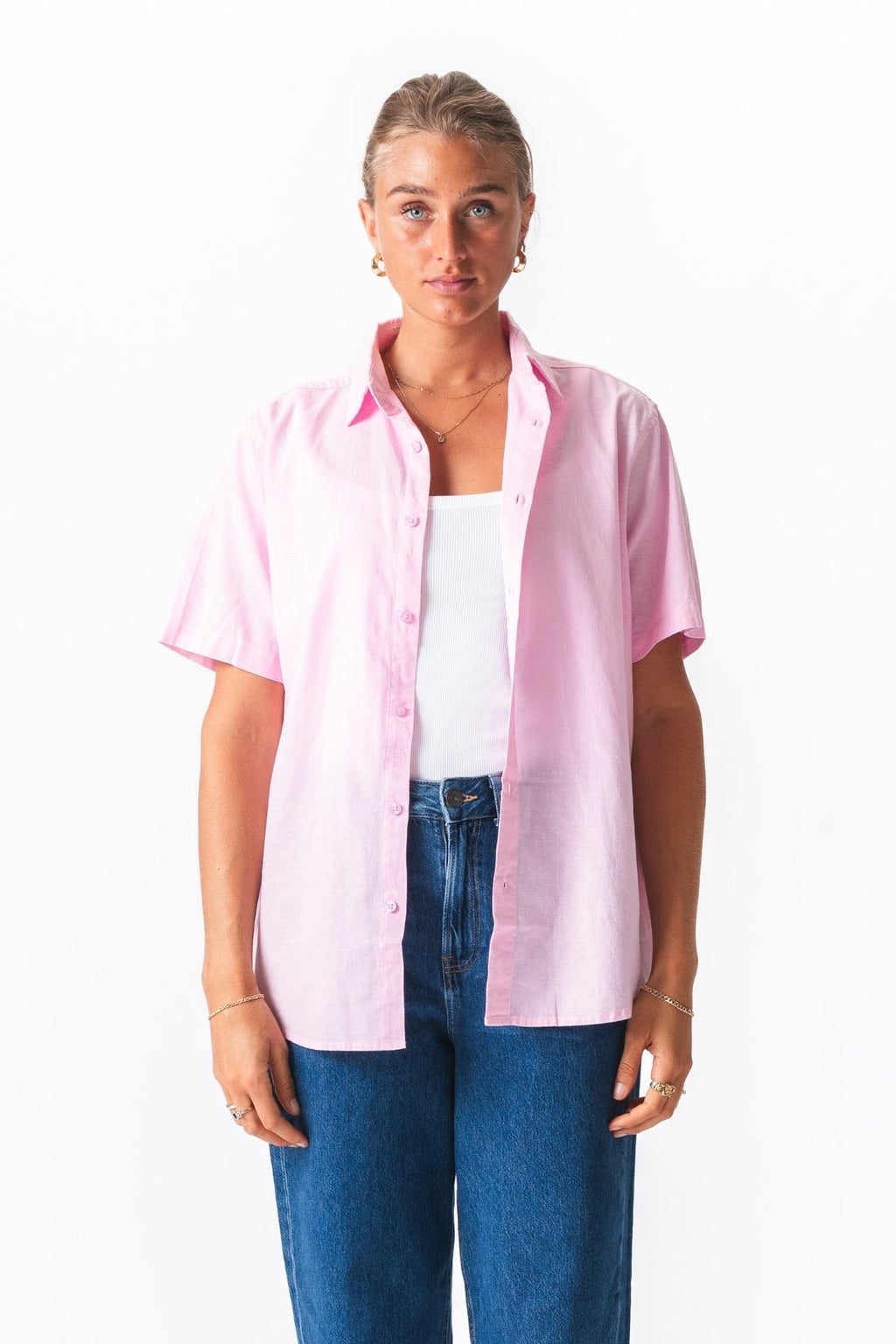 Short Sleeve Linen Shirt - Light Red