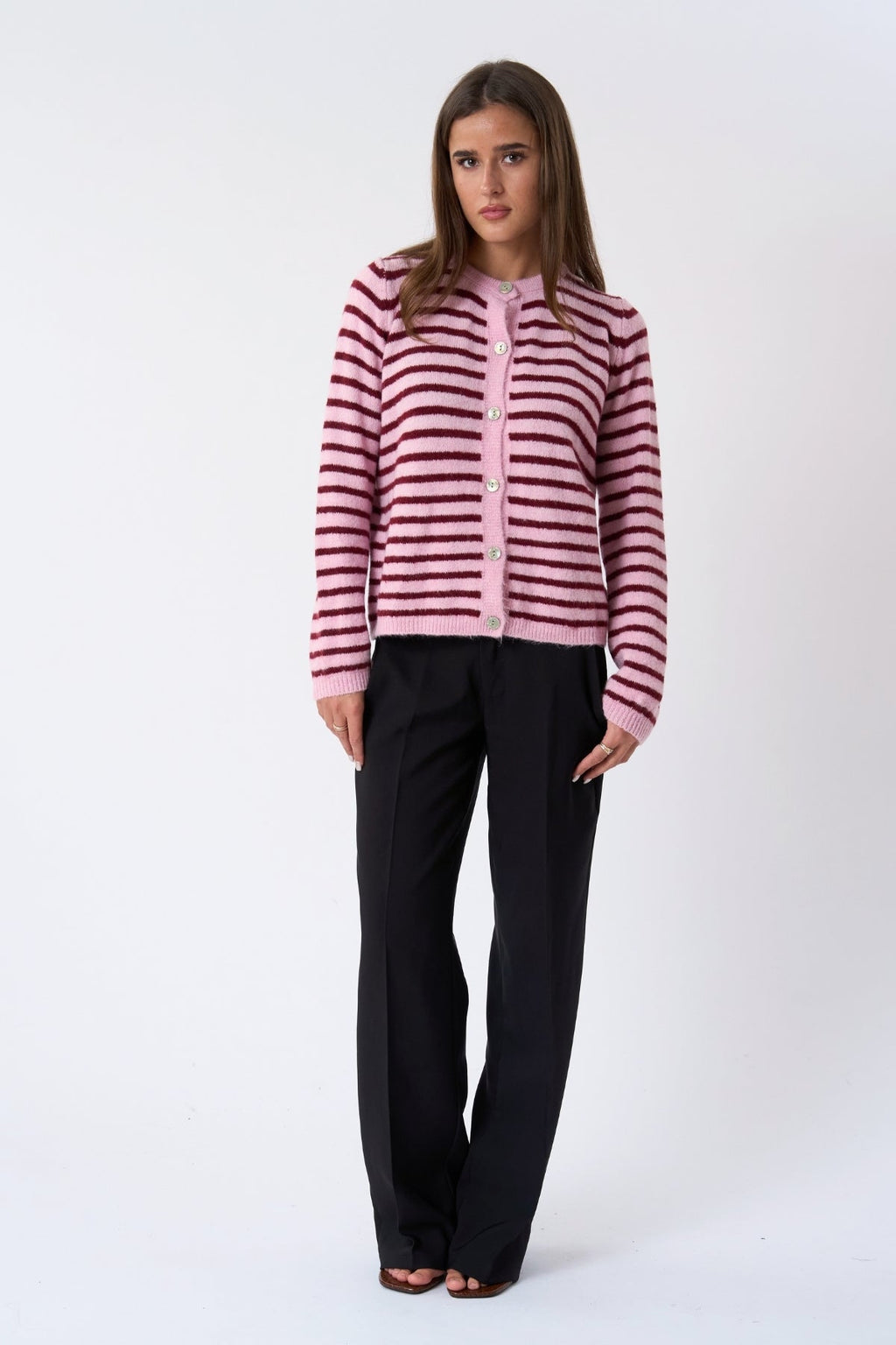 Crizette Striped Knit Cardigan - Pink/Burgundy