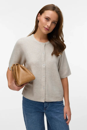 Lefile 2/4 O-Neck Pearl Cardigan - Pumice Stone Melange