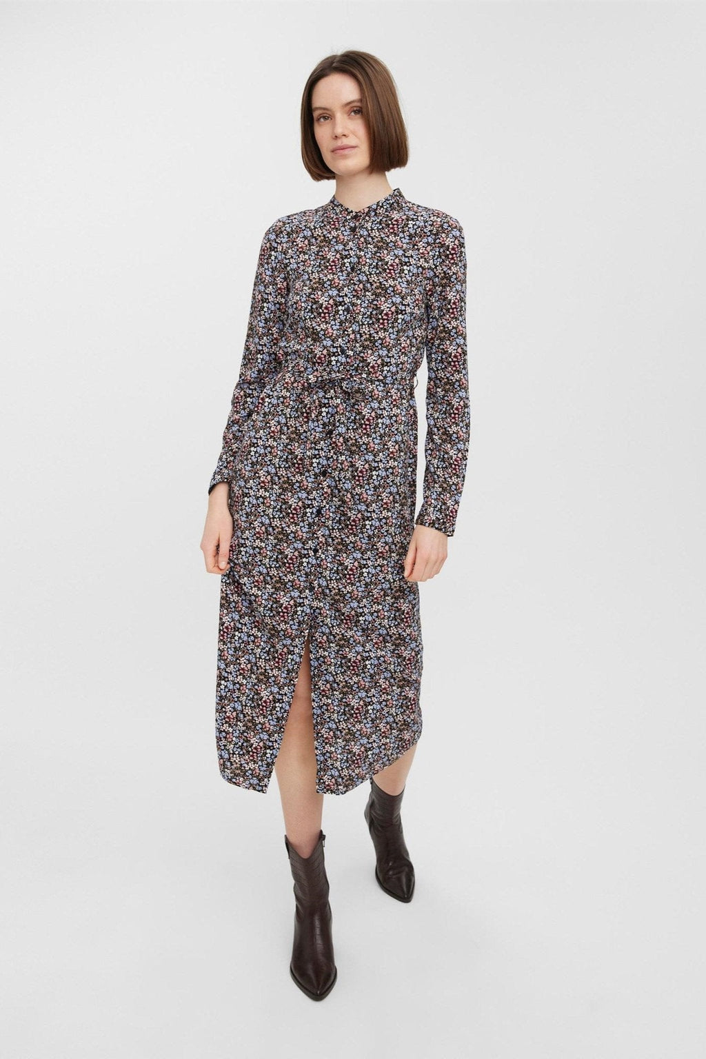 Easy Long Shirt Dress - Black with Blue Flowers