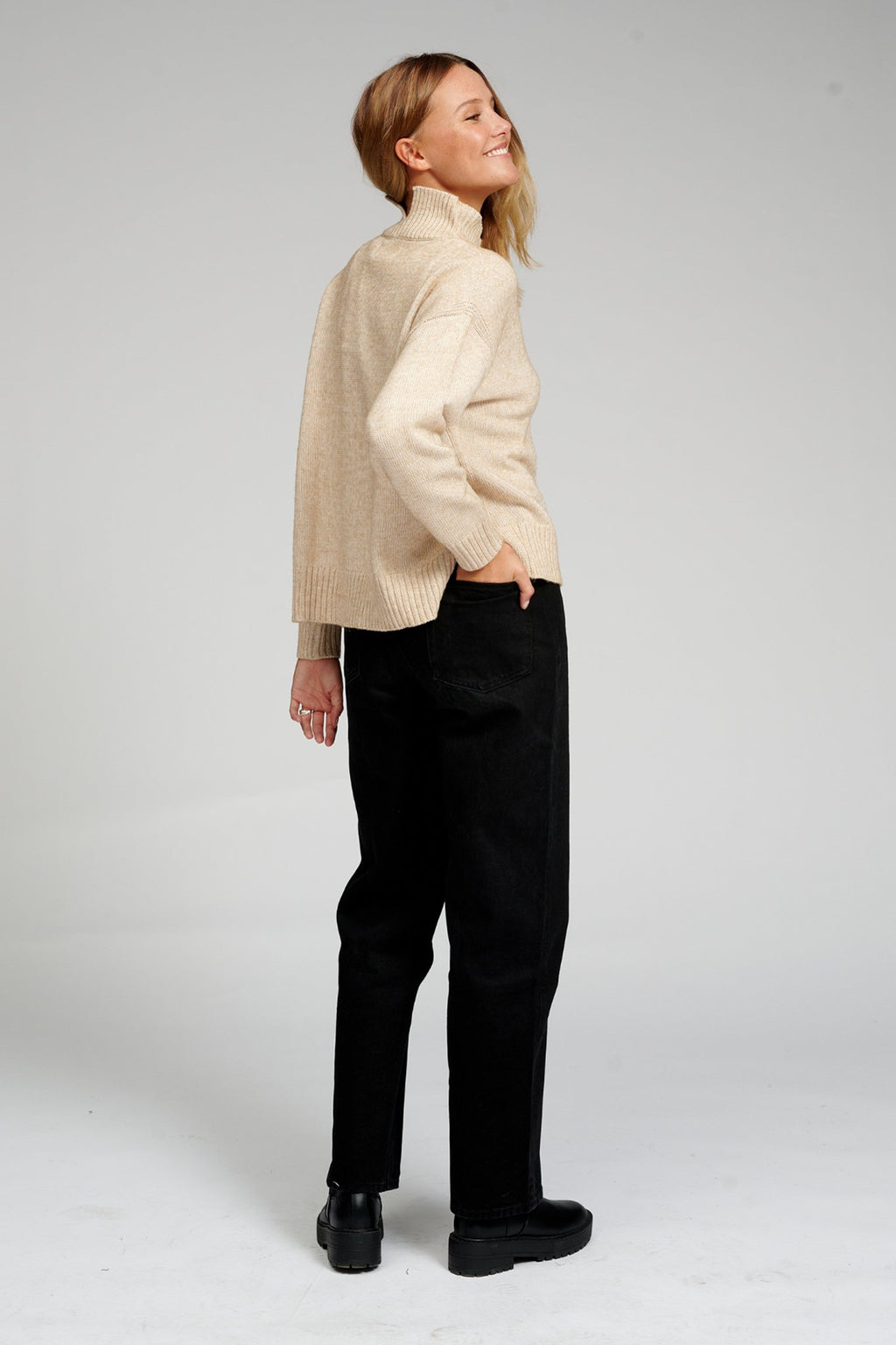 Oversized Knitted Polo-Neck Jumper - Beige