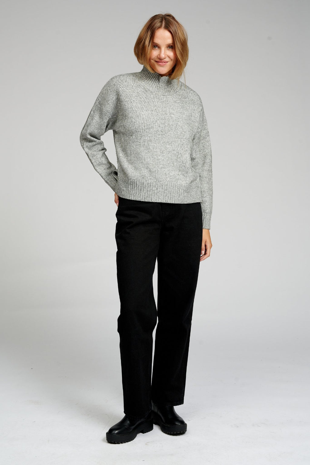 Oversized Knitted Polo-Neck Jumper - Light Grey Melange