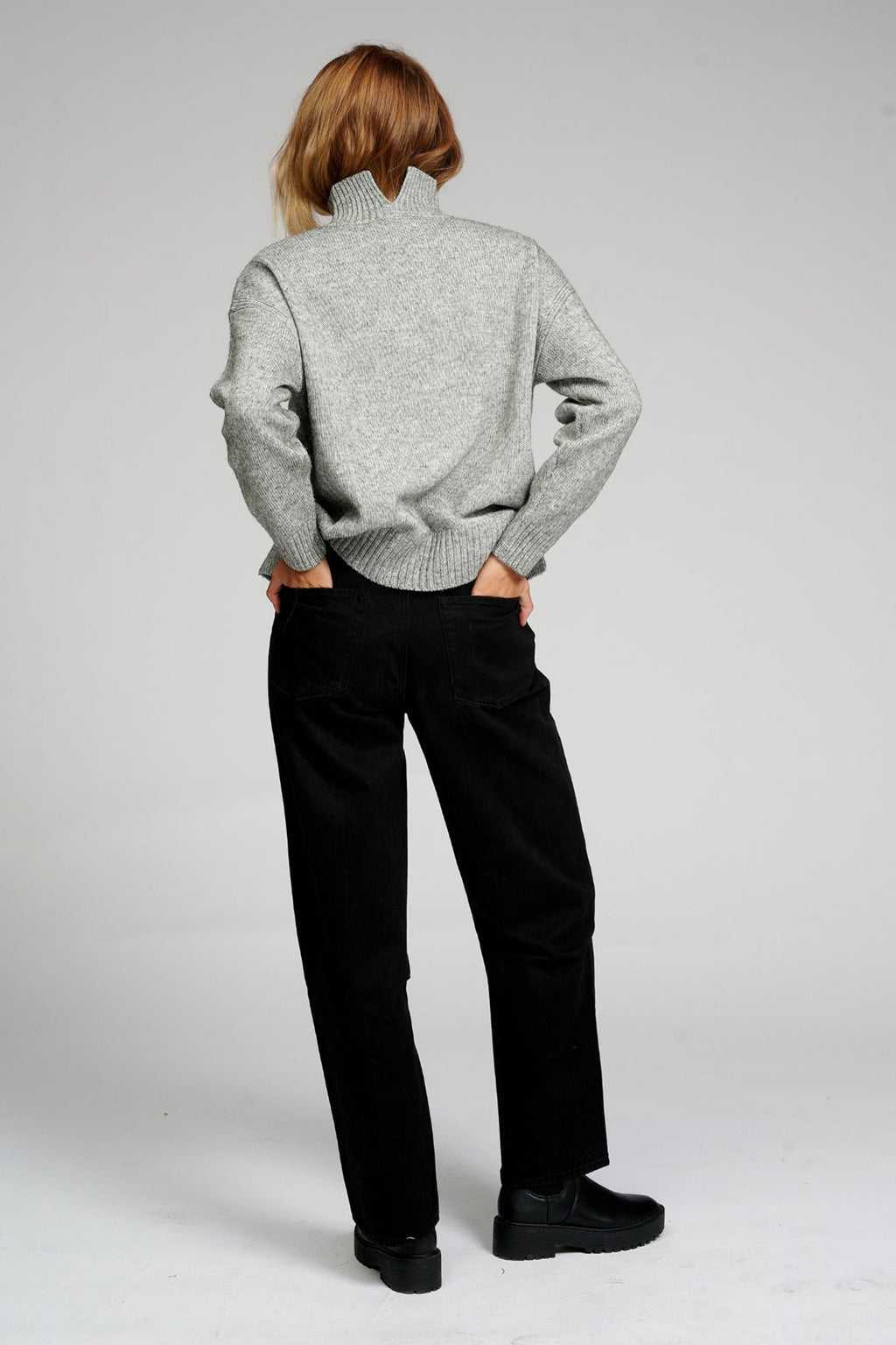Oversized Knitted Polo-Neck Jumper - Light Grey Melange