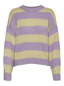 Dryžuotas megztinis O -kaklo megztinis - purpurinis / geltonas